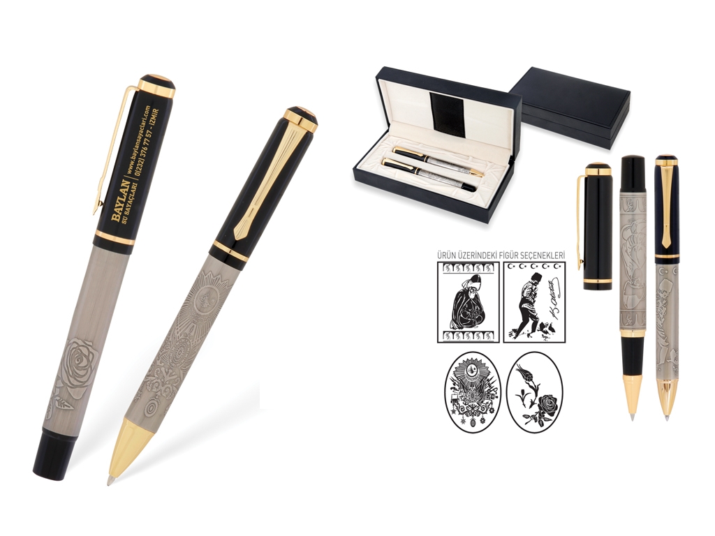 Kabartma Figürlü Roller & Tükenmez Kalem Seti